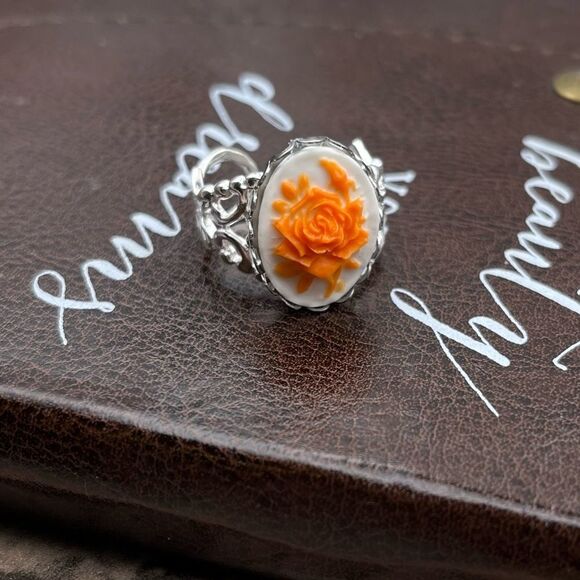 Neon Orange Rose Floral Oval Cameo Silver Stainless Steel Open Back Ring - Picture 1 of 13